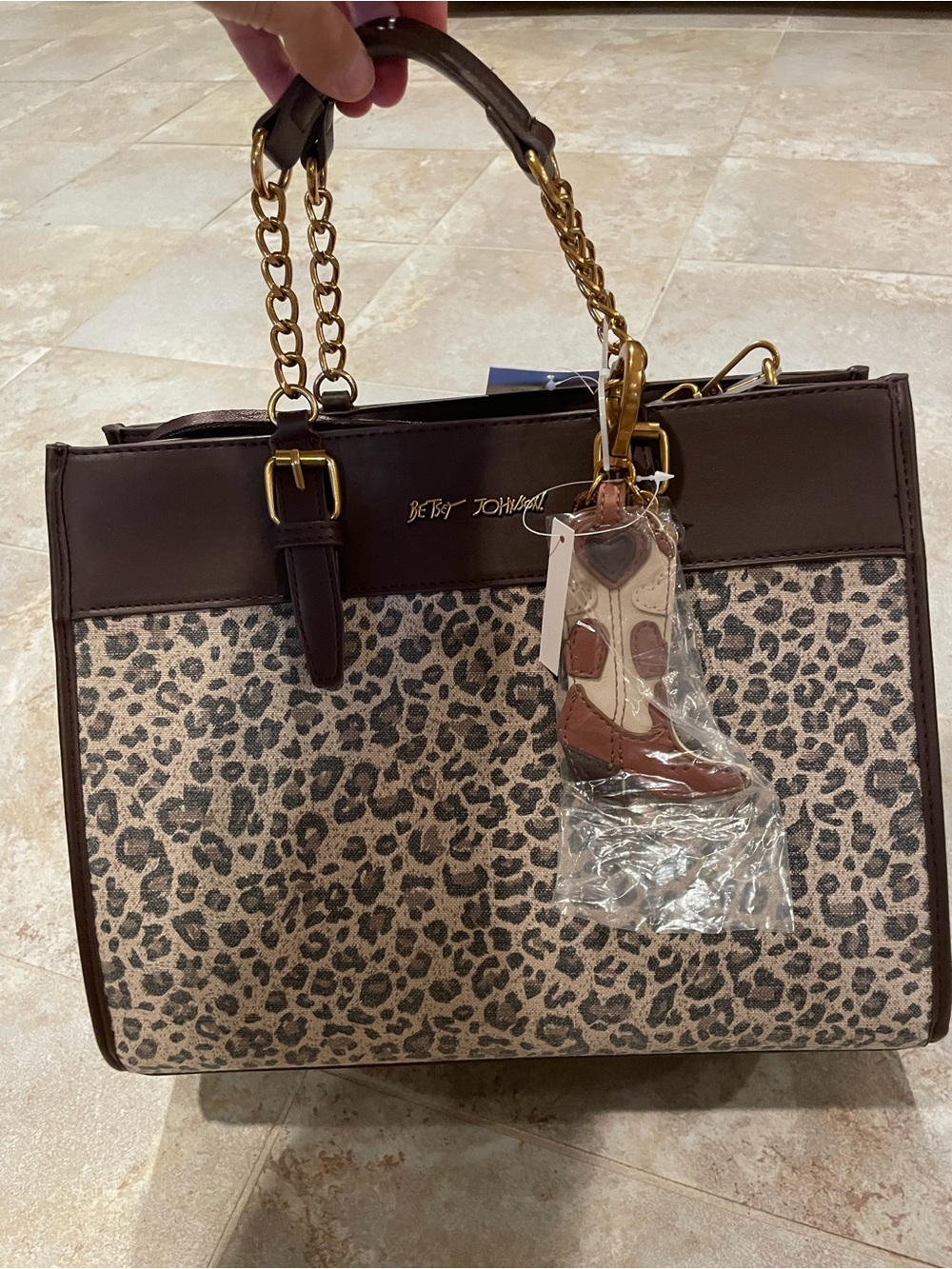 NWT Betsey Johnson Animal Print Tote w/ Crossbody Strap & Cowgirl Boot Keychain